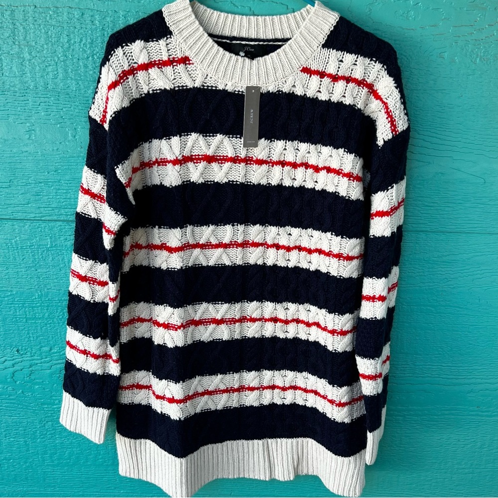 J. Crew Blue Stripe Merino Wool Blend Gabby Cable Knit Tunic Sweater  MEDIUM NWT - Picture 7 of 10
